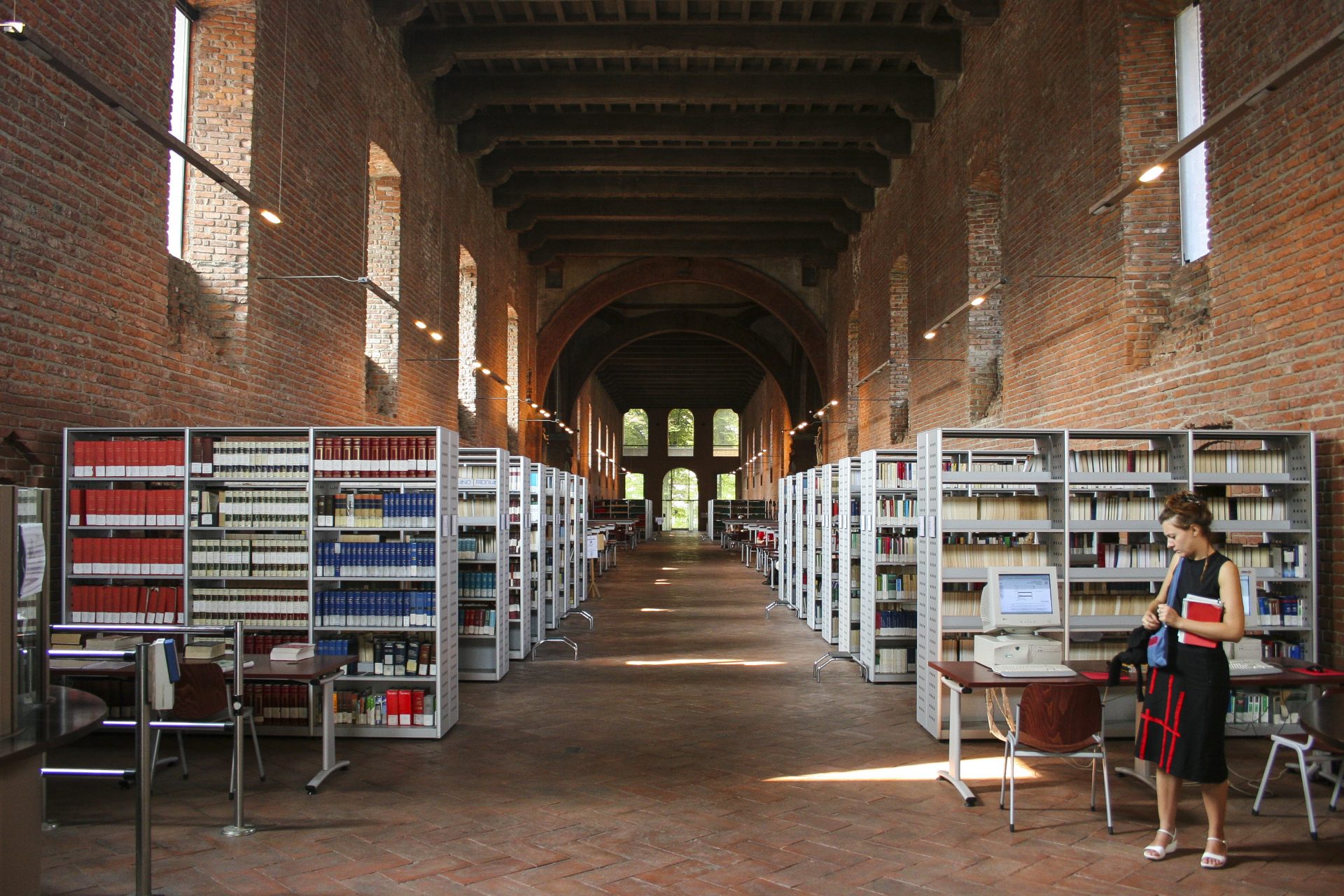 Book shelves in the library at the Ca' Granda, the main seat of the University of Milan.